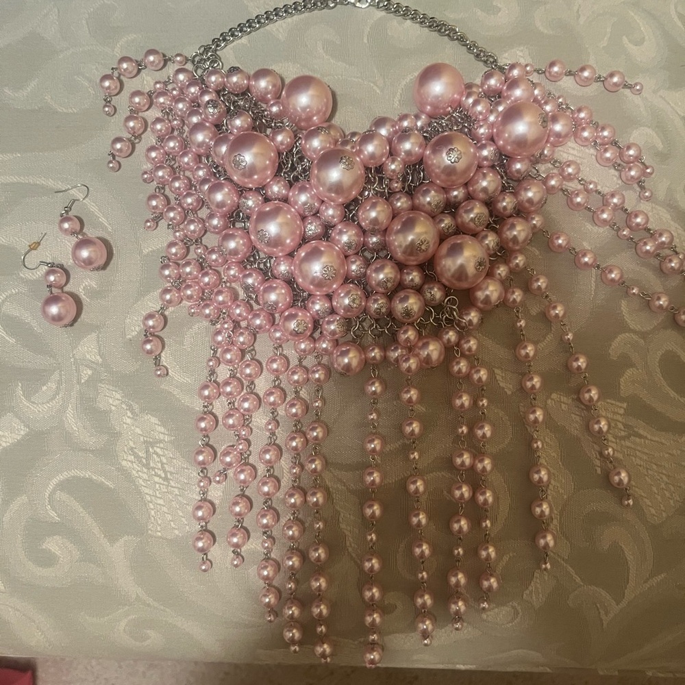 Pink Pearl Statement Necklace and Earrings Set